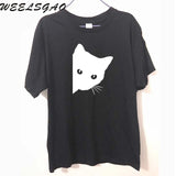 Peaking Cat Printed Cotton Tee Tops